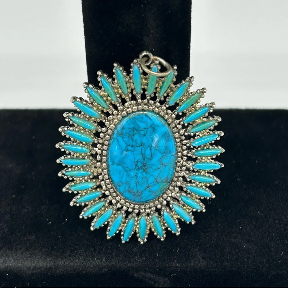 Vintage Silver Tone Turquoise Sunburst Pendant Southwestern Boho